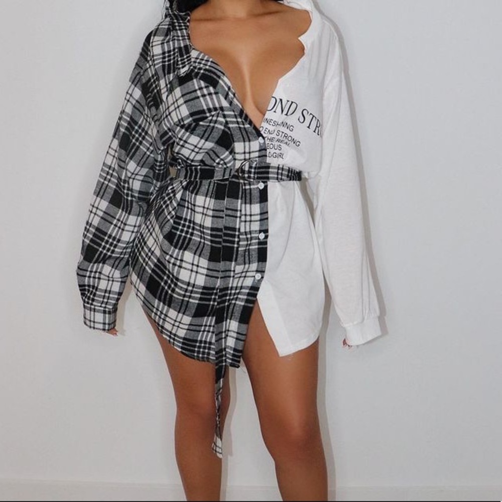 NEWSPRINT/FLANNEL LONG-SLEEVE SHIRT DRESS.